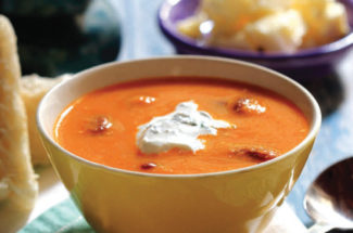 Breakfast with Tomato soup with roasted almond
